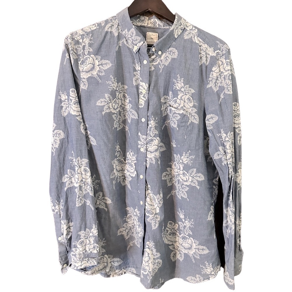 GAP Blue and White Casual Button Down Shirt Floral Design Sz XL Tall Coastal